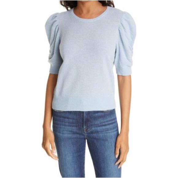 Frame Denim Sweaters - FRAME Ruched Puff Sleeve Light Blue Cashmere Sweater